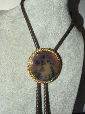Artisan Bolo~Mahogany  Obsidian w/Gold Bezel/Tips on Dark Brown Leather Cord